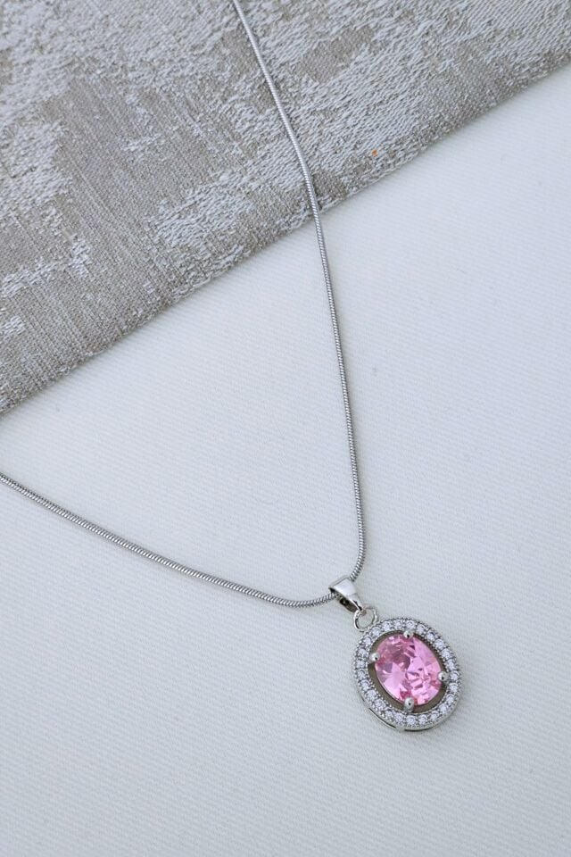 Çelik Pembe Taşlı Kolye