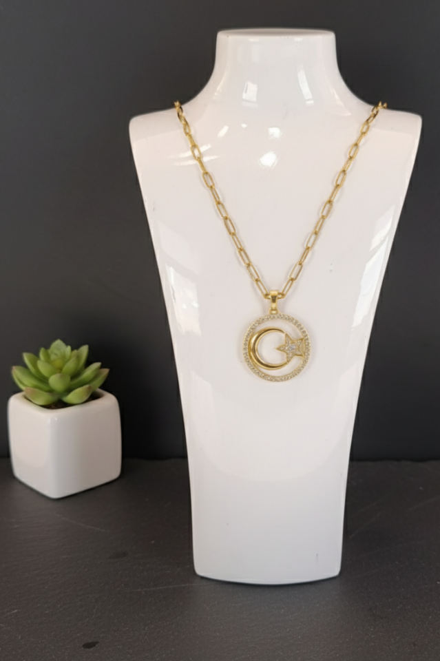 Çelik ay yıldız kolye gold