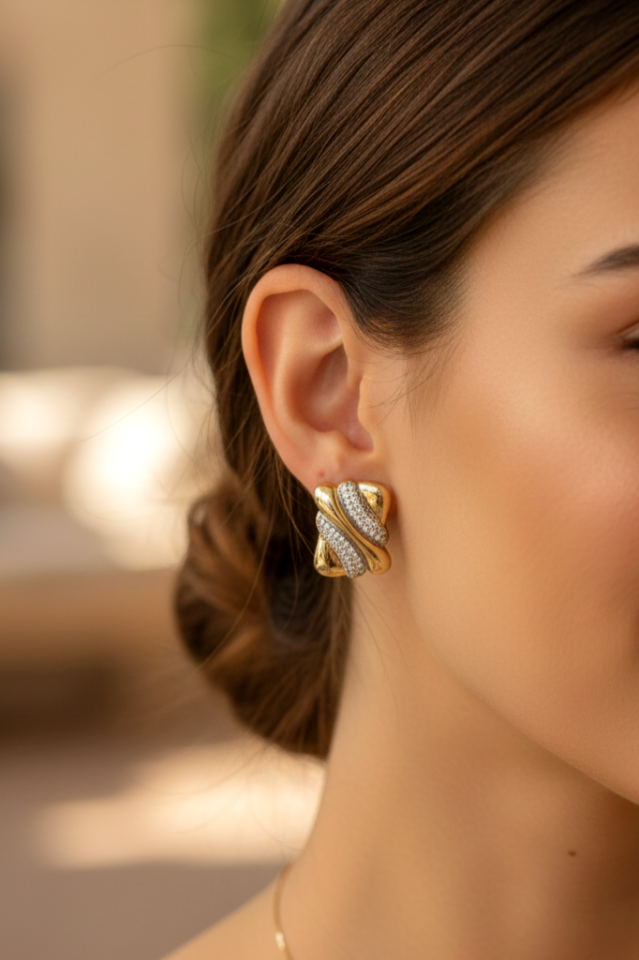 Çelik Zirkon Taşlı Küpe Gold