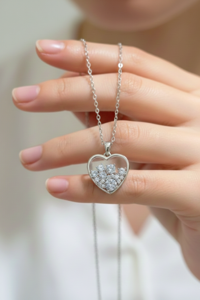 Çelik Kolye Taşlı Kalp Detaylı Silver