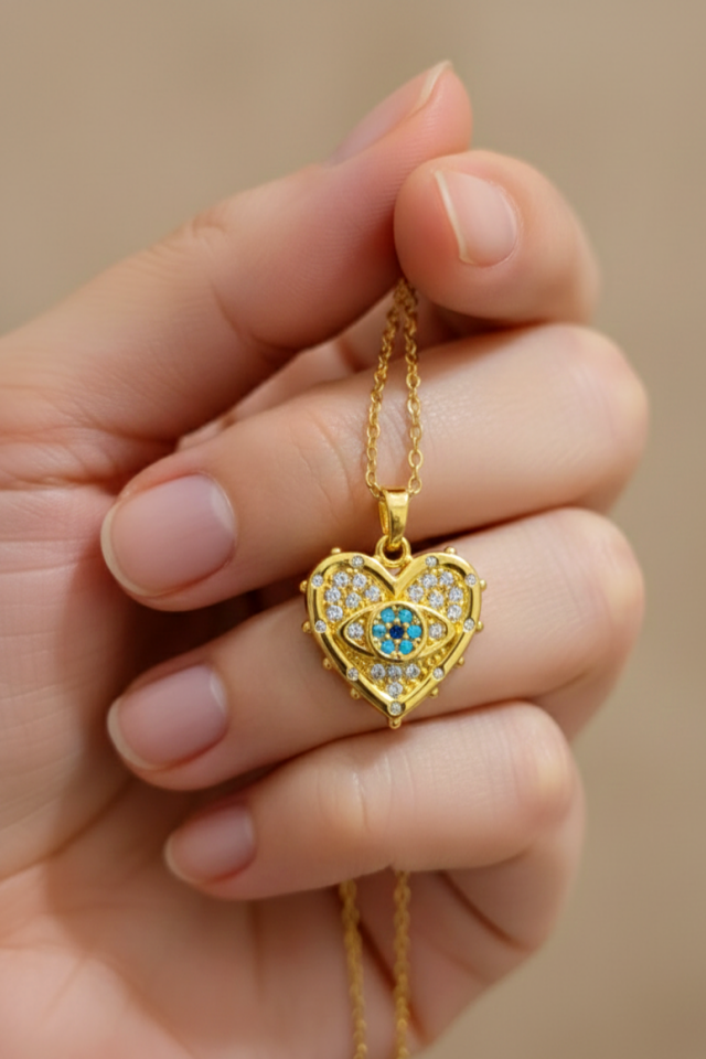 Çelik Kolye Taşlı Kalp Detaylı Gold