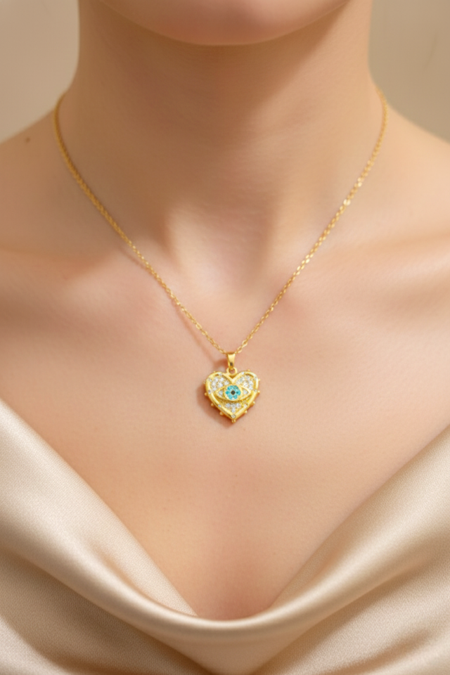 Çelik Kolye Taşlı Kalp Detaylı Gold