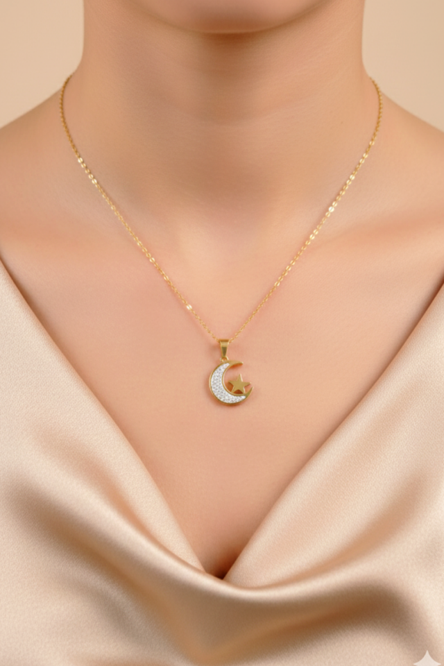 Çelik Kolye Taşlı Ay Yıldız Gold