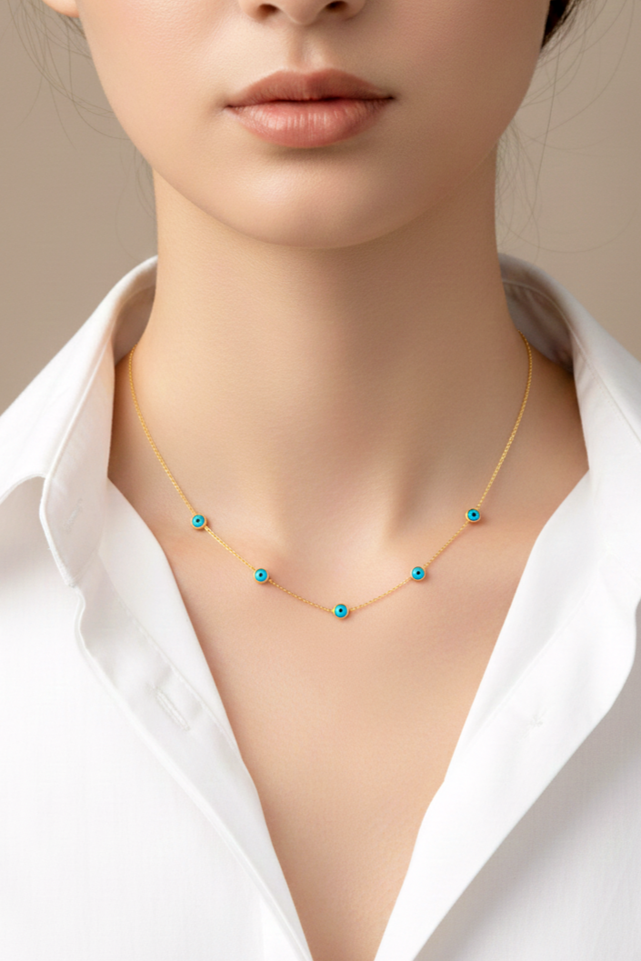 Çelik Gold Mavi Boncuklu Kolye