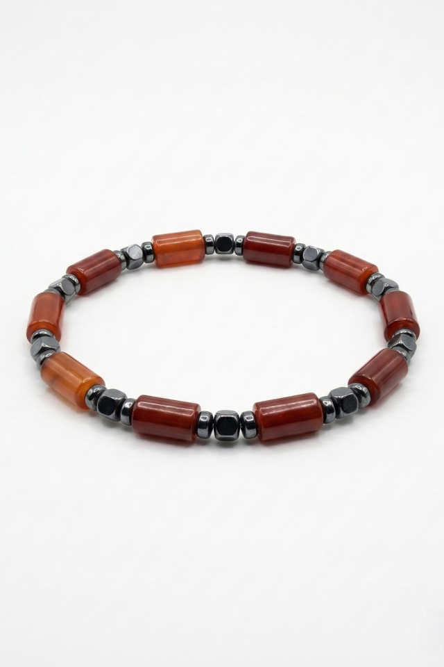 Doğal Taş Akik Bileklik - Silindir Kesim ve Hematit Detaylı