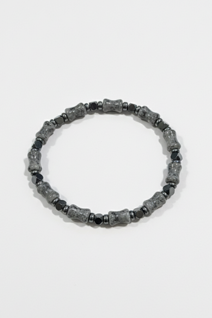 Gri Akik ve Hematit Taşlı Silindir Kesim Doğal Taş Bileklik