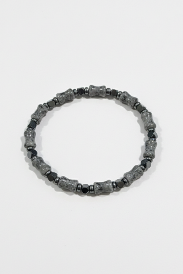 Gri Akik ve Hematit Taşlı Silindir Kesim Doğal Taş Bileklik